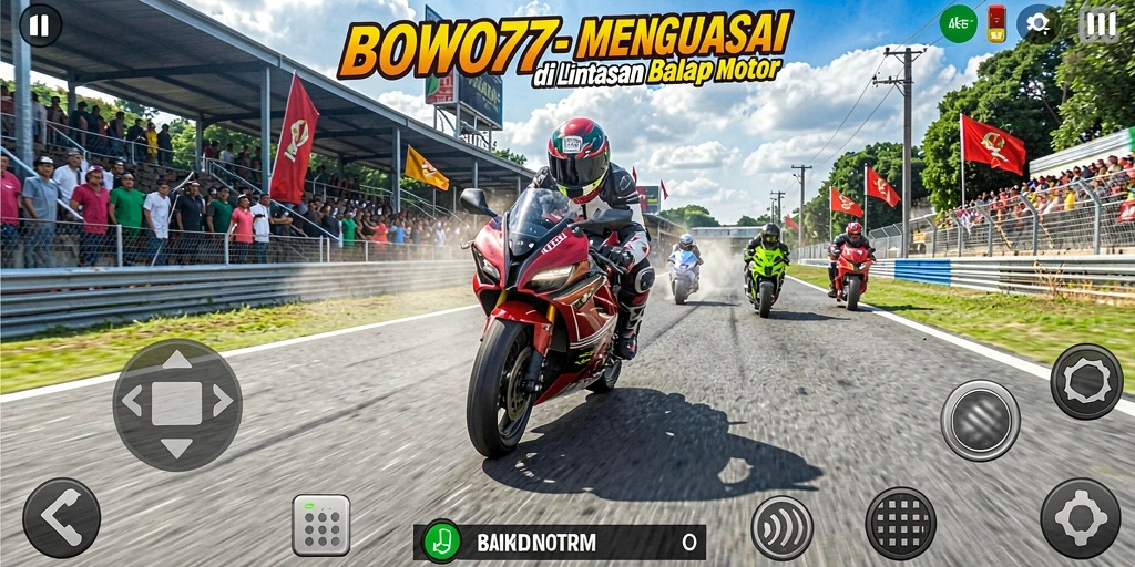 Screenshot permainan BOWO77 menunjukkan aksi balap motor yang seru.