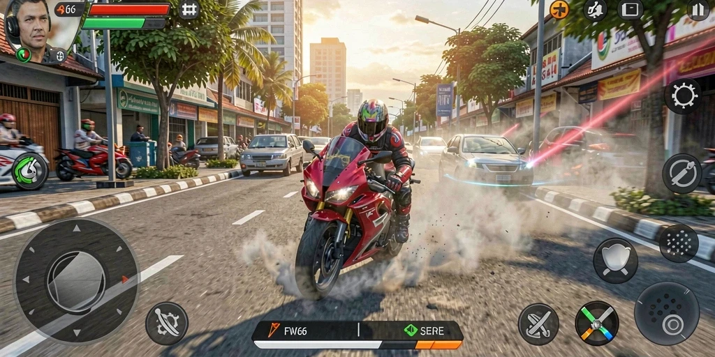 Menggambarkan aksi balapan motor yang mendebarkan dan penuh tantangan.