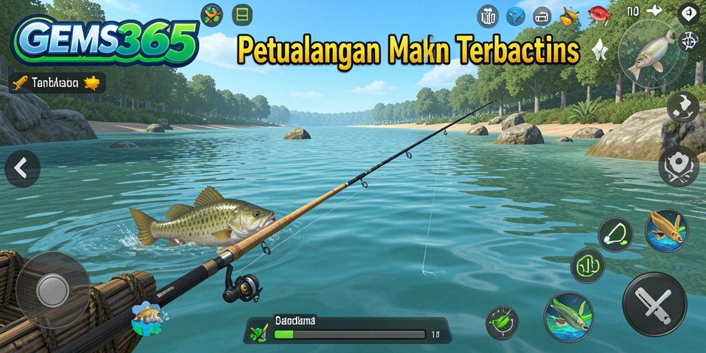 Tampilan gameplay GEMS365 saat memancing di lokasi indah.