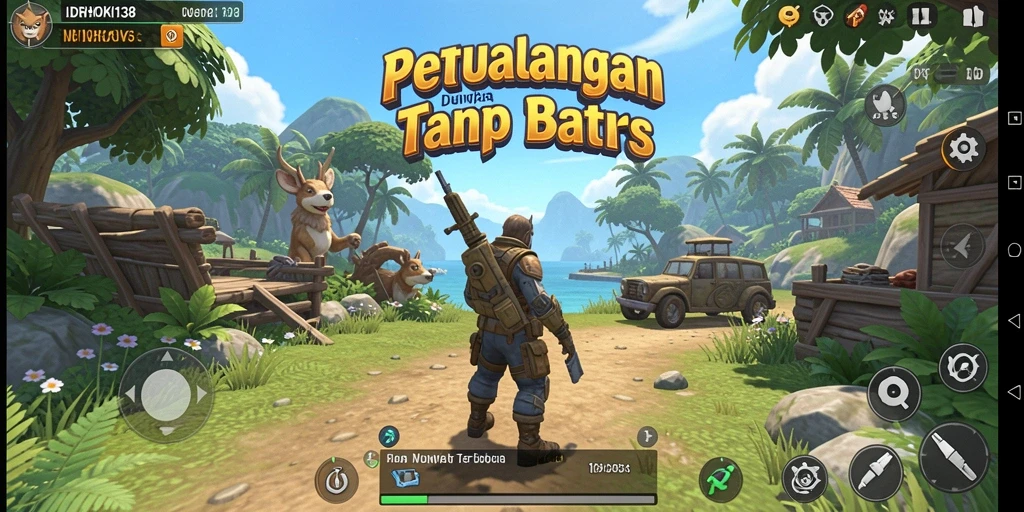 Screenshot gameplay IDRHOKI138 menampilkan pemandangan indah dunia terbuka.