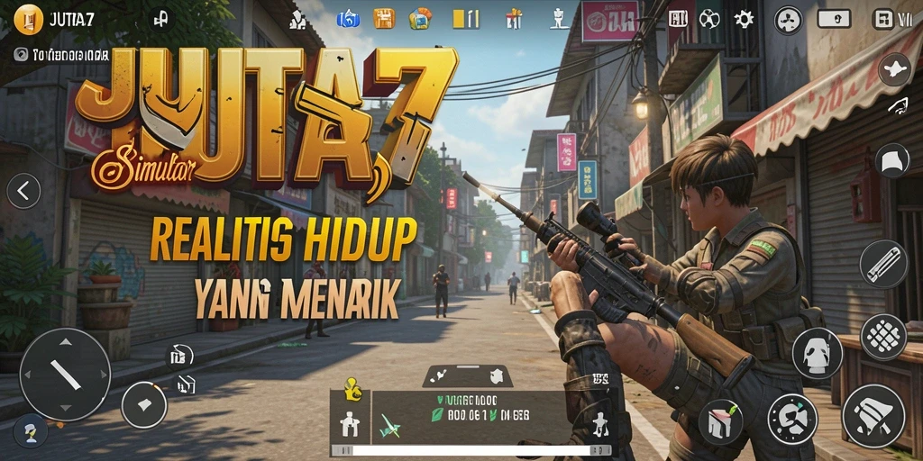 Screenshot utama JUTA7 menampilkan gameplay aktif dalam situasi sehari-hari.