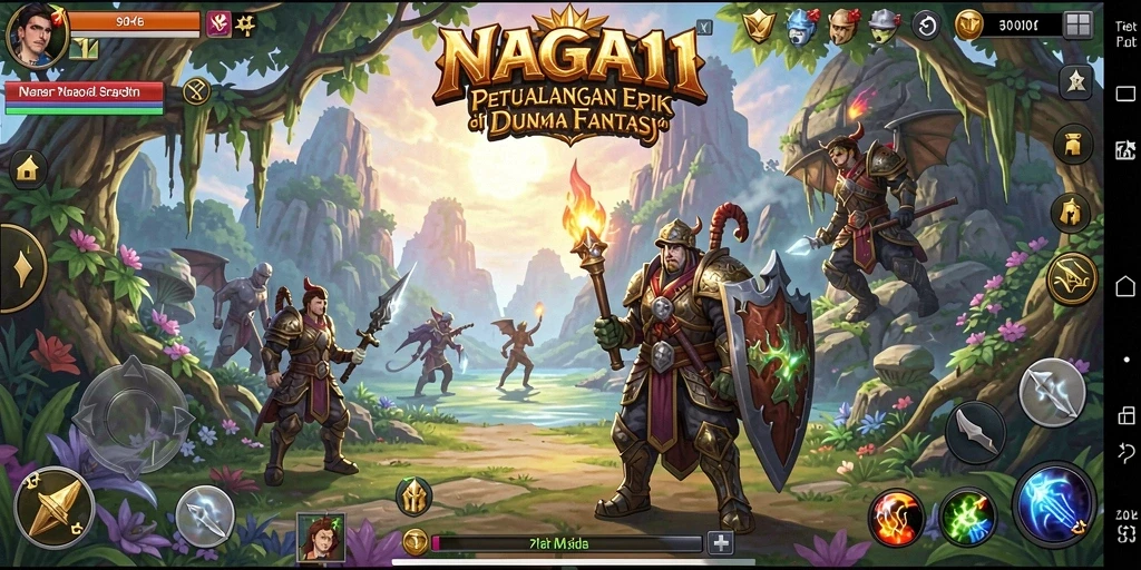 Tampilan utama NAGA11 menampilkan karakter heroik dalam pertempuran epik.