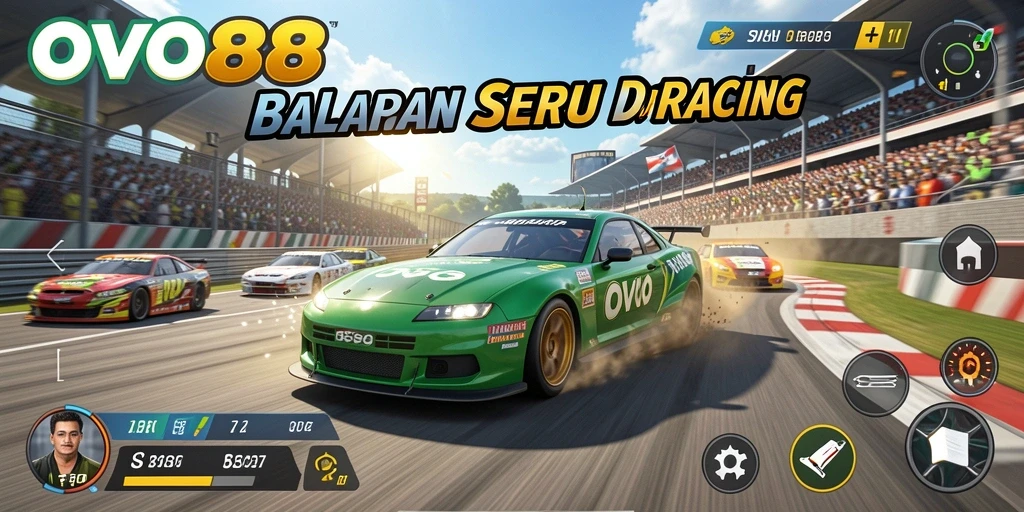 Screenshot OVO88 menampilkan aksi balapan yang mendebarkan dan mobil yang cepat.