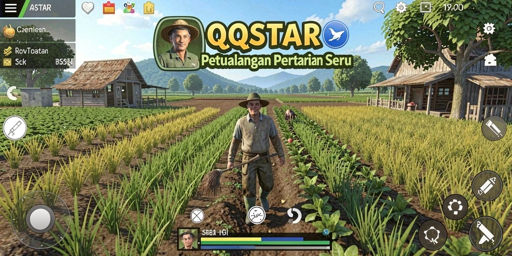 Tampilan gameplay QQSTAR dengan ladang yang subur dan aktivitas pertanian.