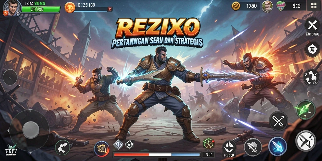 Screenshot utama REZIXO menampilkan aksi pertarungan yang seru.