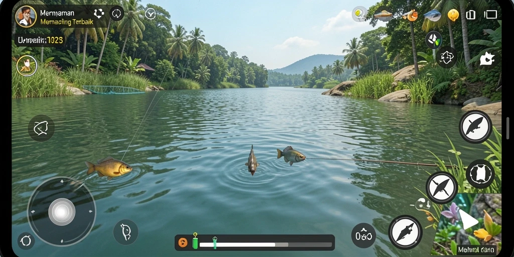 Screenshot gameplay S13 yang menunjukkan aksi memancing yang seru.