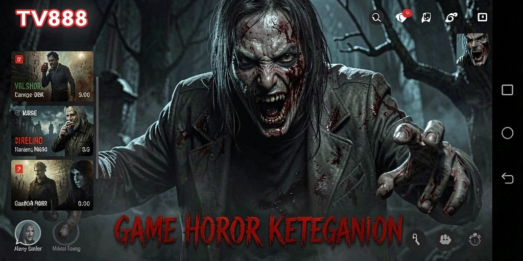 Tampilkan gameplay TV888 yang menegangkan dengan suasana horor yang mencekam.