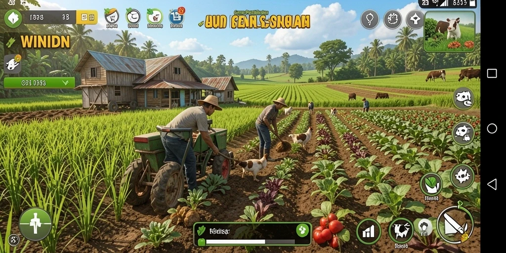 Tangkapan layar gameplay WINIDN menampilkan pertanian yang menarik dan berwarna.